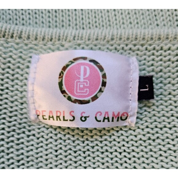 PEARLS & CAMO Jupiter Sweater Green L Knit Coastal Beachy Pullover Casual Top - Picture 5 of 6